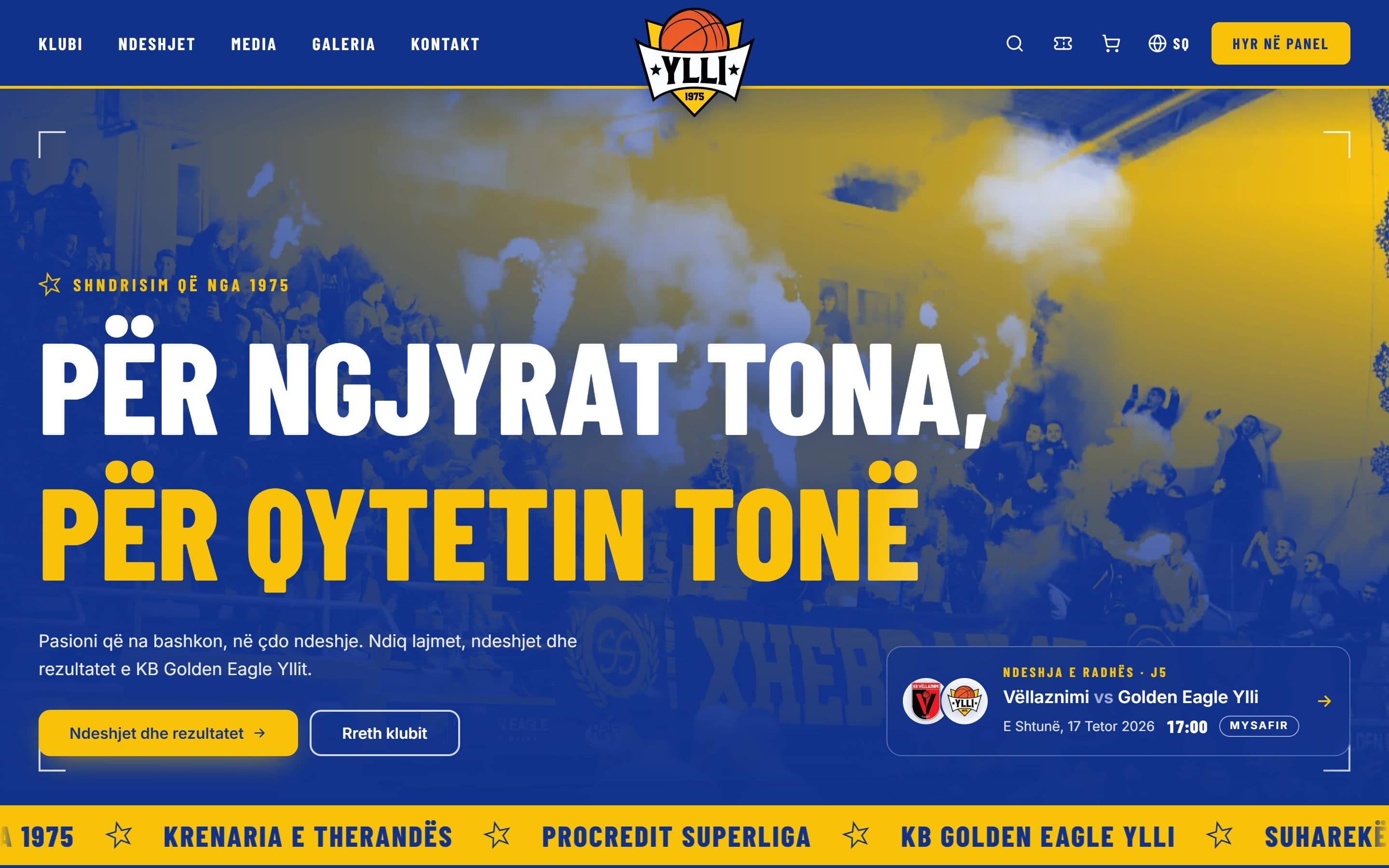 KB Golden Eagle Ylli homepage hero with the club's fan wall in blue and yellow and the next match card