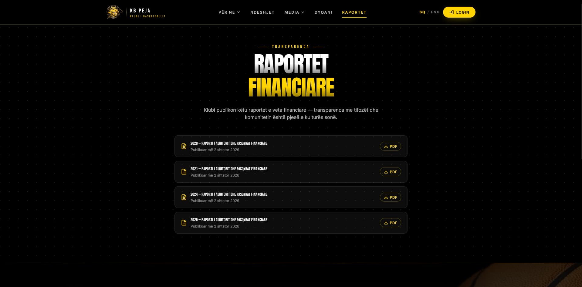 KB Peja's financial transparency page listing downloadable audited reports by year