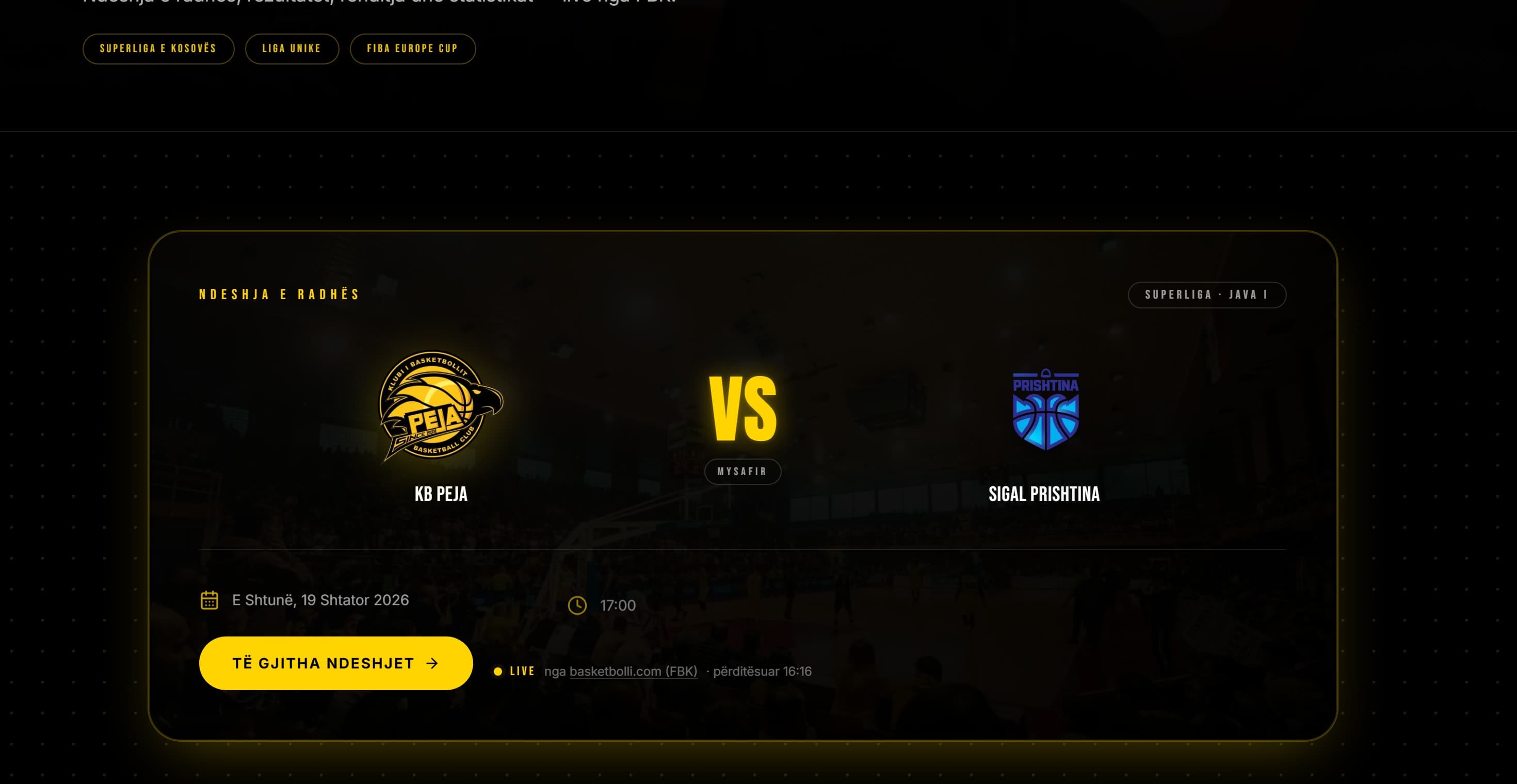 KB Peja's fixtures page showing the next match card, live-updated from the federation's data feed
