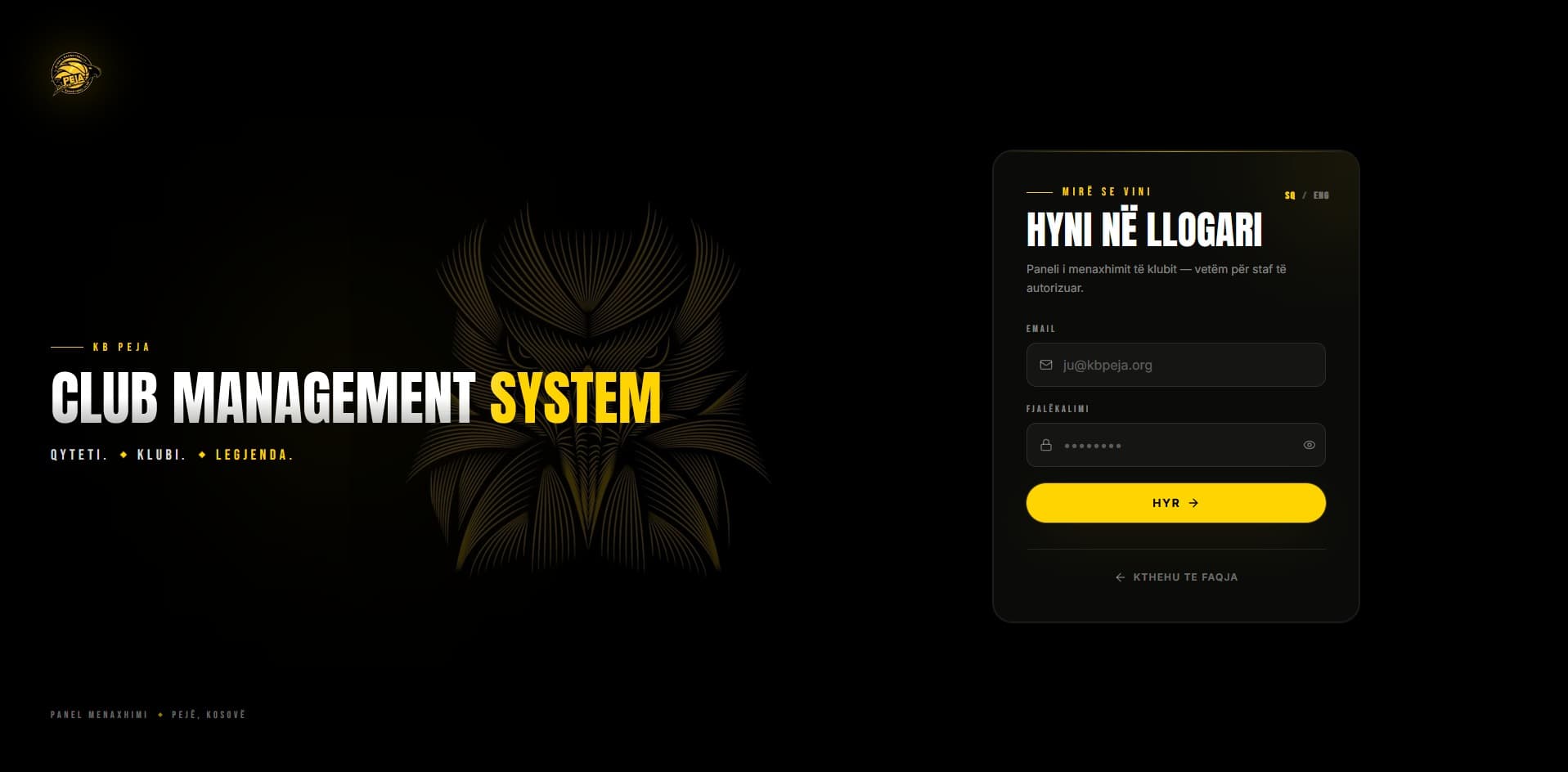 KB Peja's club management system login screen, the staff-only admin area behind the public site