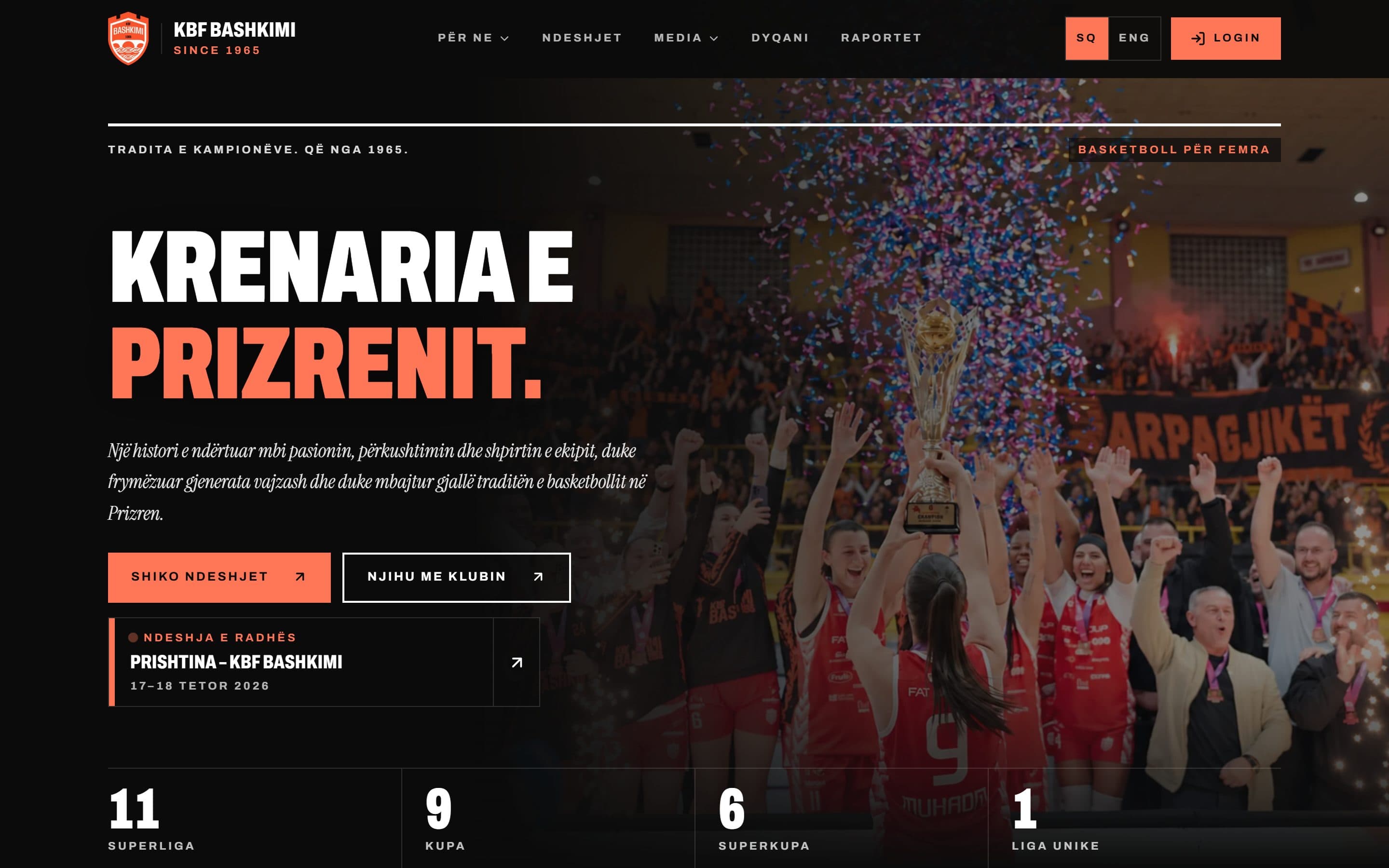 KBF Bashkimi 1965 homepage hero with the championship trophy, confetti and the club's honours in numbers