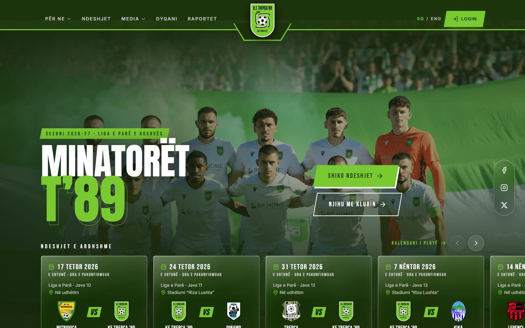 KF Trepça ’89 homepage hero with the squad photo, the club name in green and a strip of upcoming fixtures