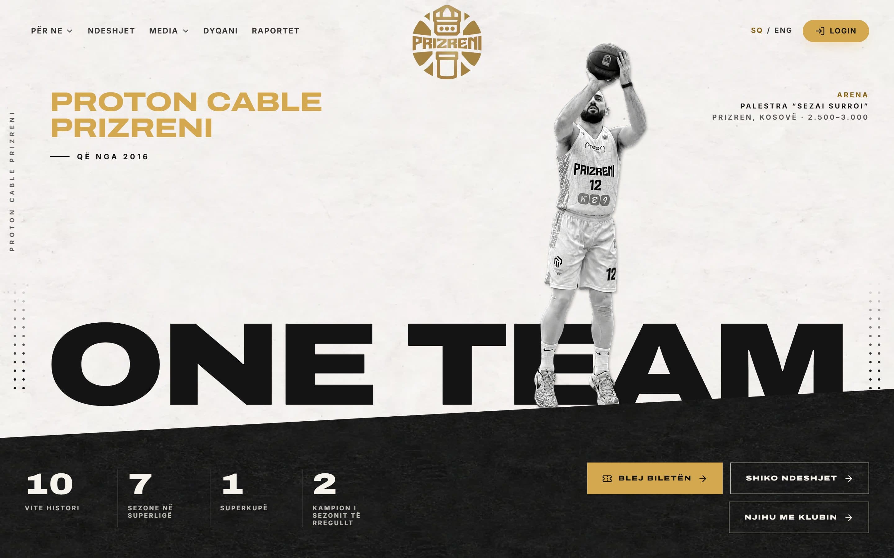 Proton Cable Prizreni homepage hero with the ONE TEAM headline, a player mid-shot and the club's record in numbers