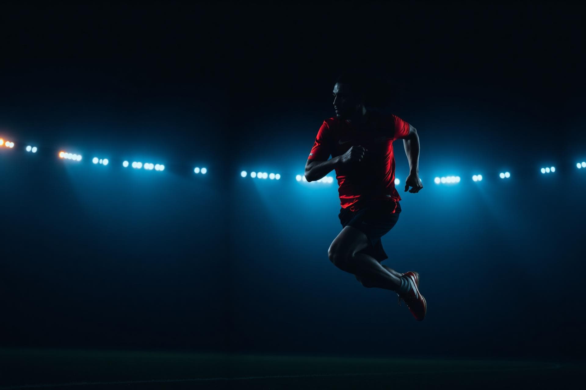 Athlete sprinting under stadium floodlights