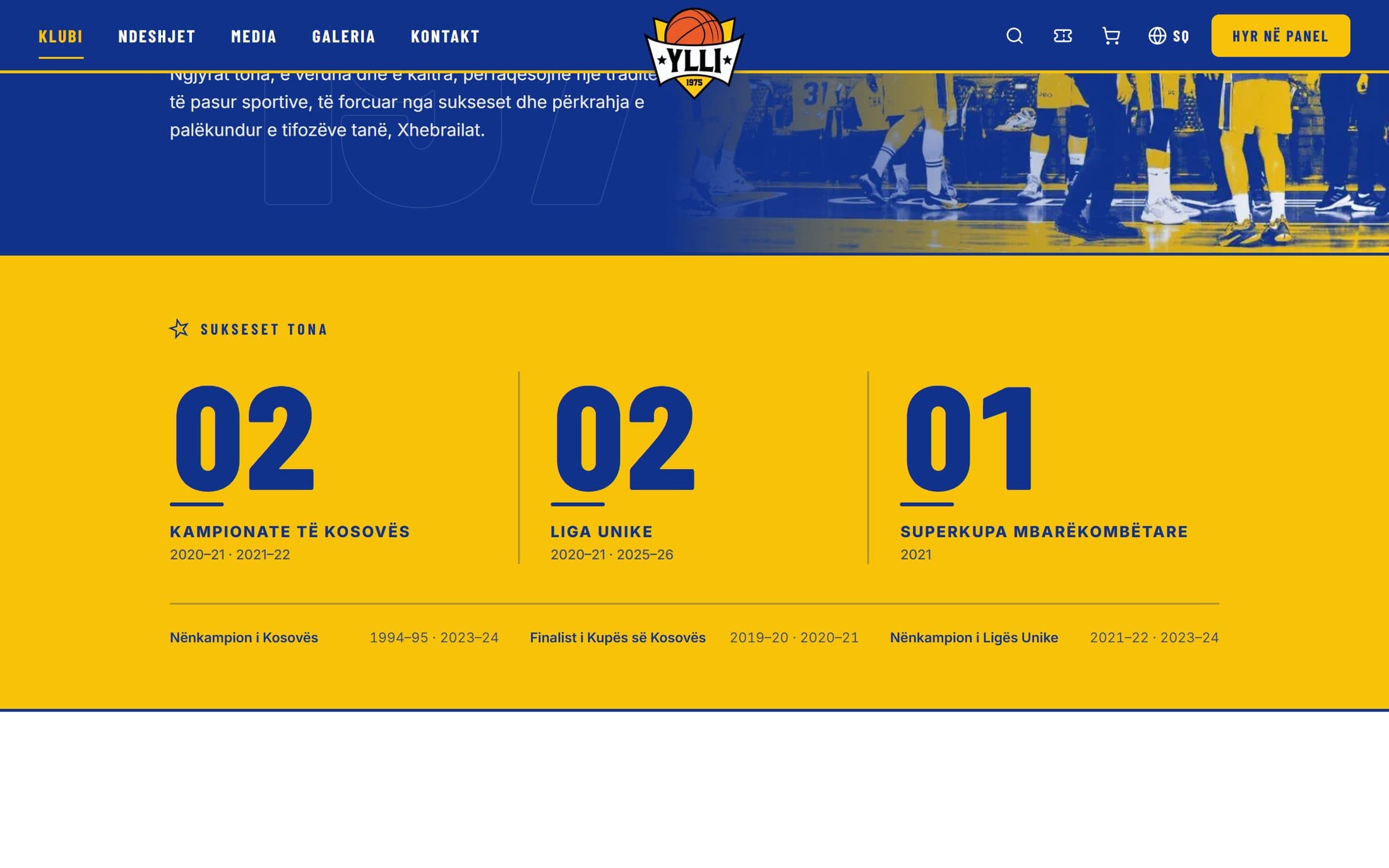 KB Golden Eagle Ylli club history page with the honours in large numbers: two Kosovo titles, two Liga Unike and one Super Cup