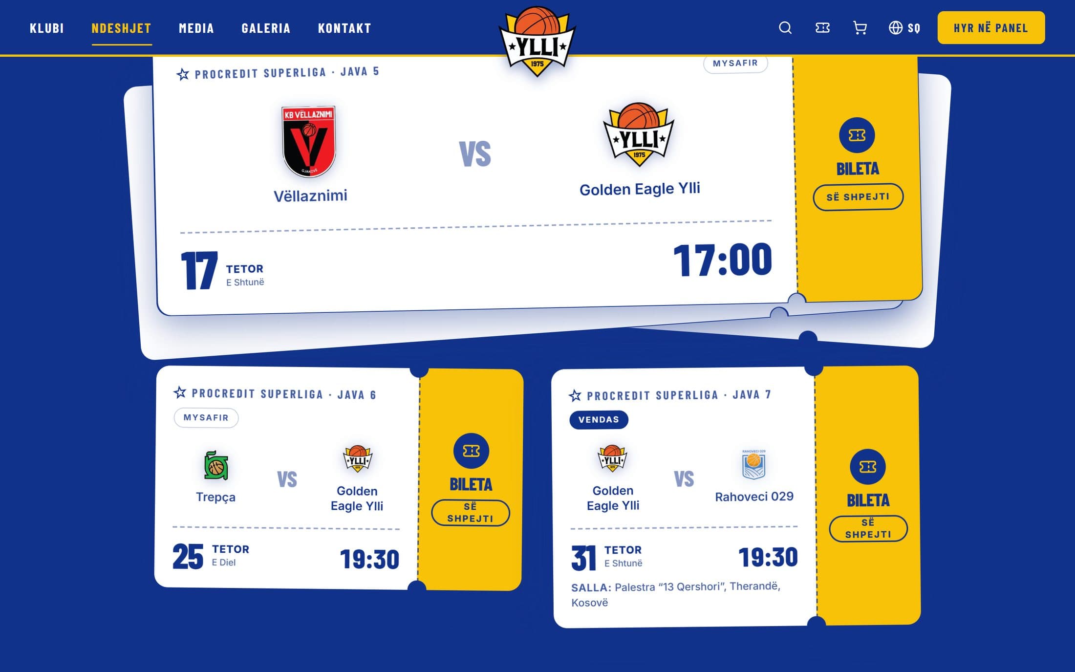 KB Golden Eagle Ylli fixtures page showing the upcoming ProCredit Superliga games as match tickets