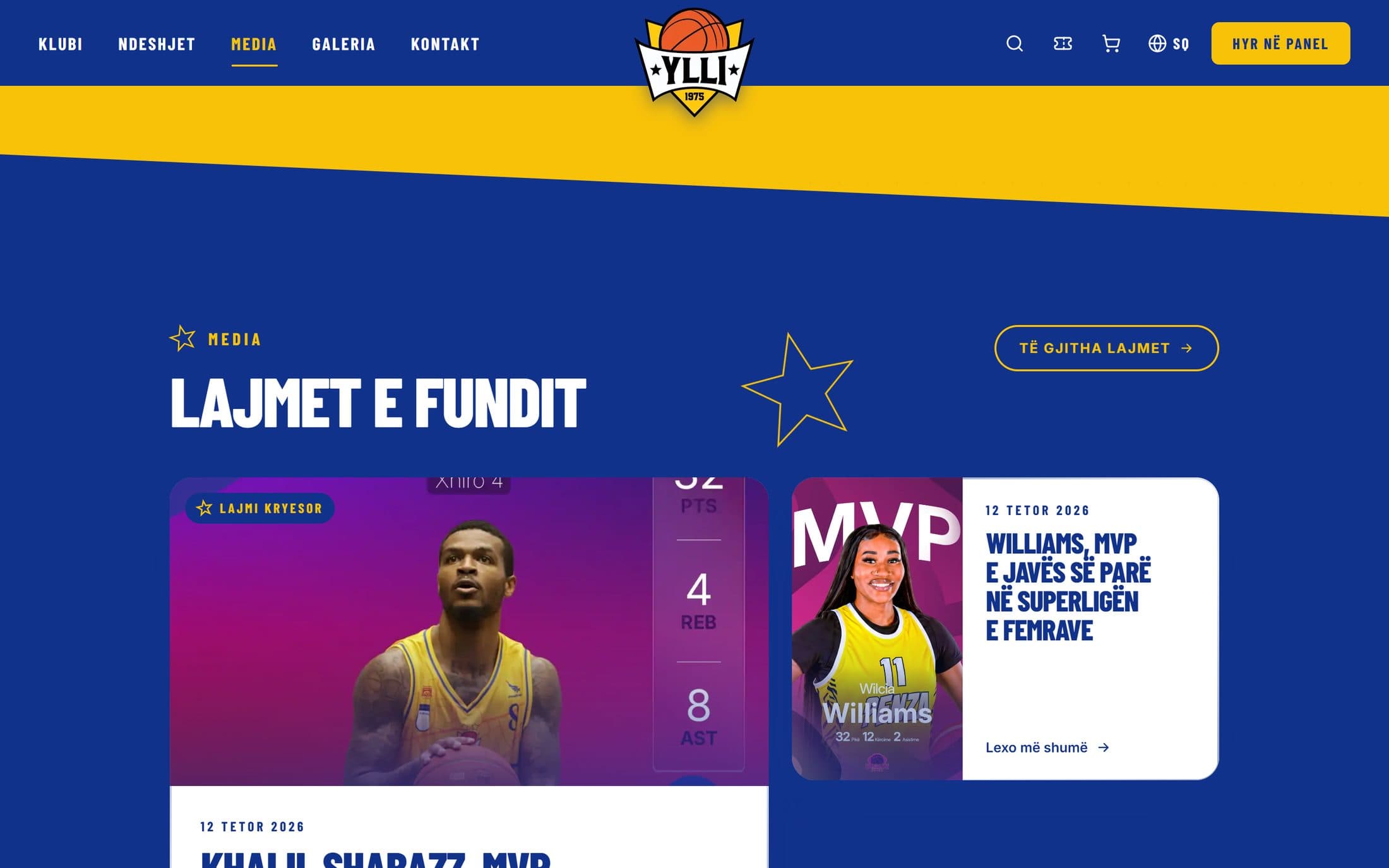 KB Golden Eagle Ylli newsroom with the latest league stories on blue and yellow cards