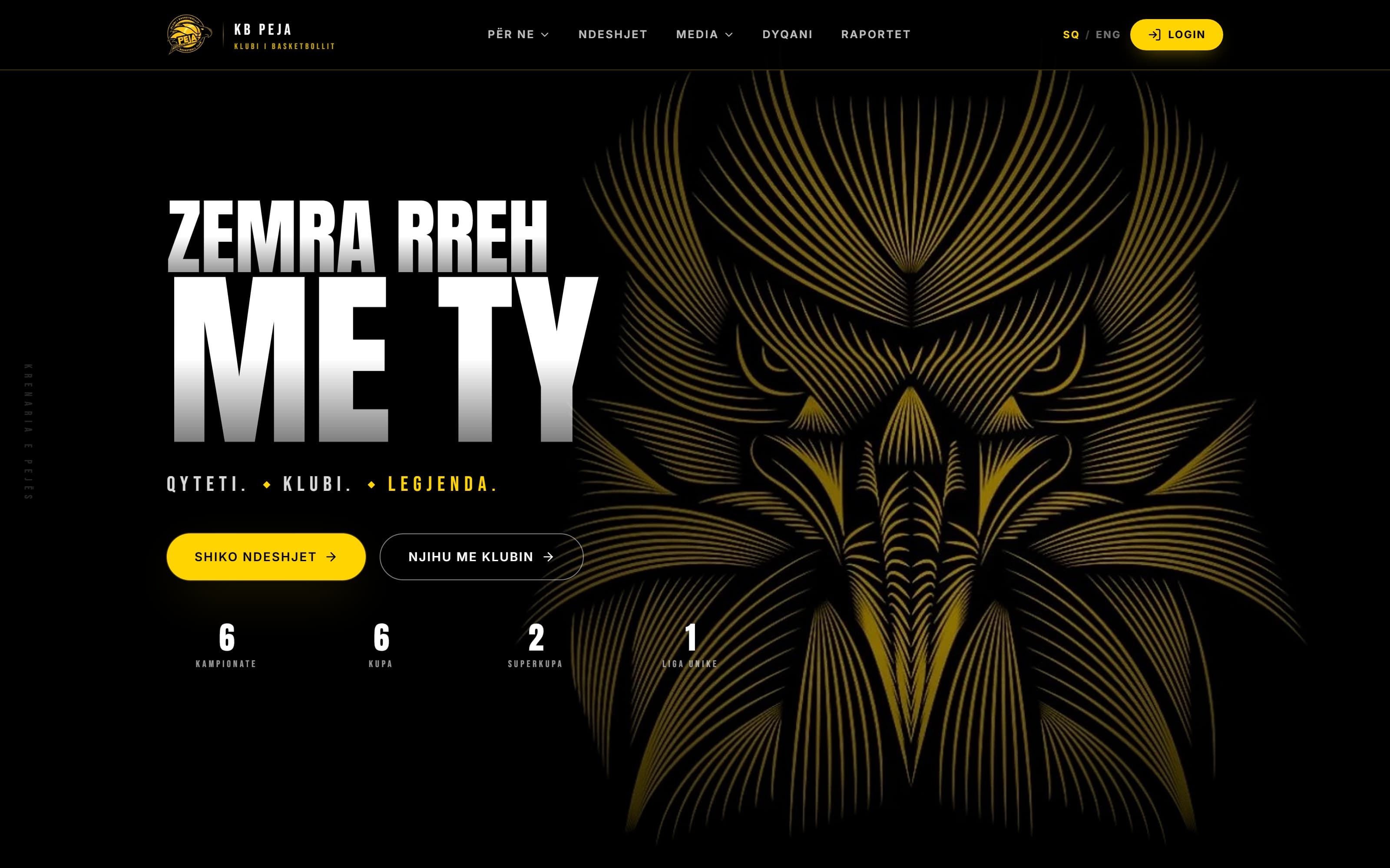 KB Peja homepage hero featuring the club's eagle emblem on black