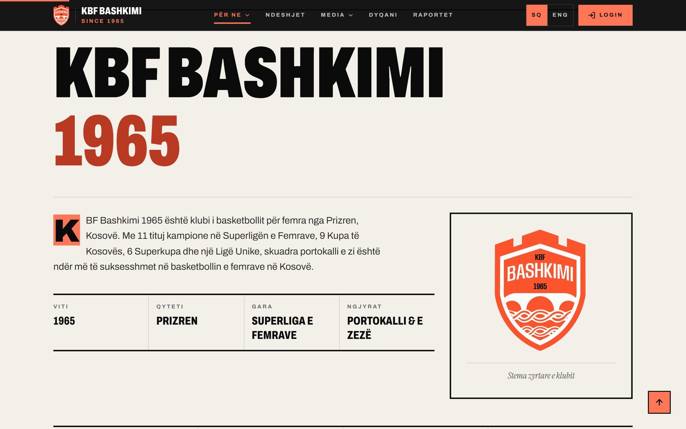KBF Bashkimi 1965 club page with the shield, founding year and the Superliga honours