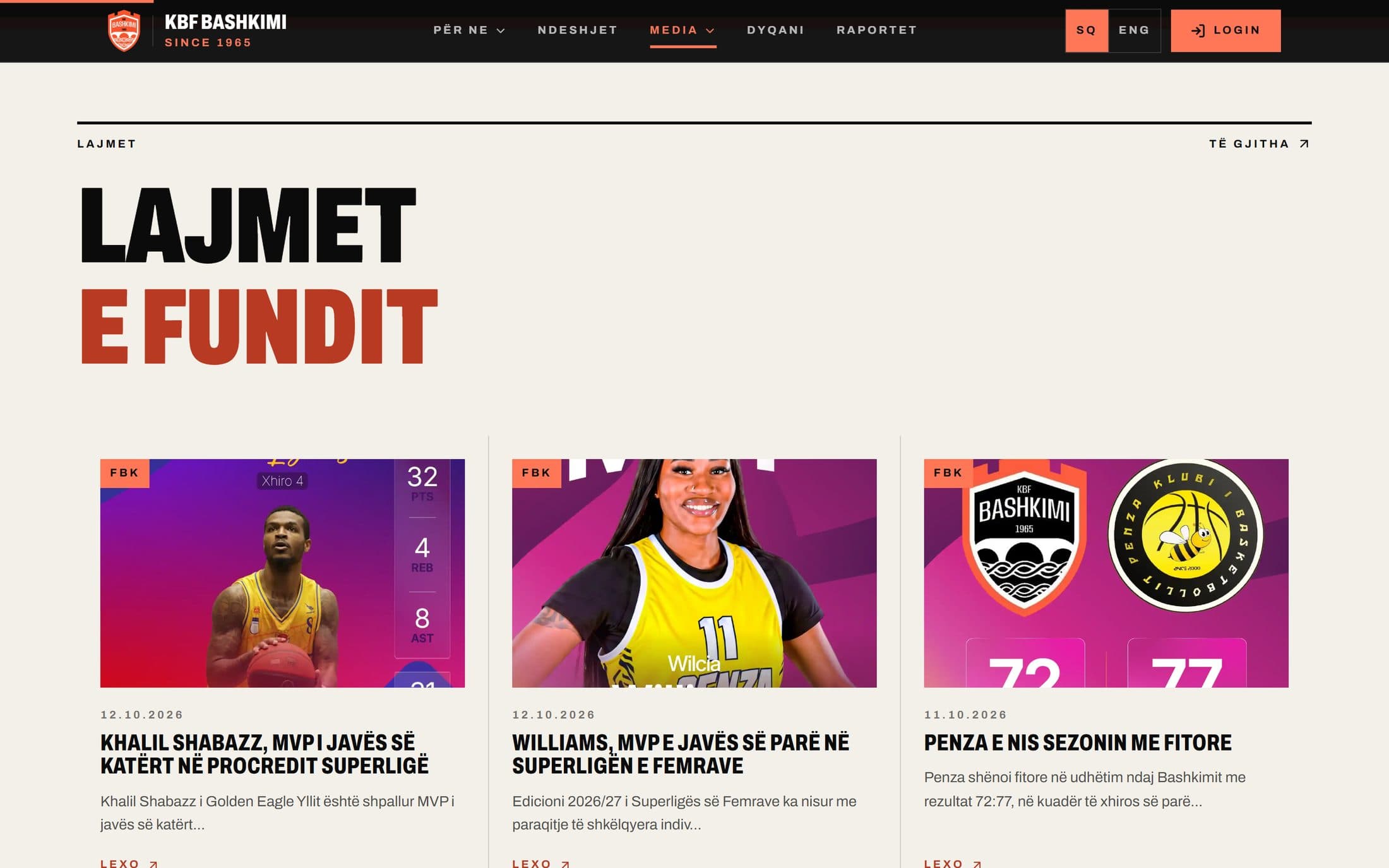 KBF Bashkimi 1965 newsroom with the latest women's league stories as gradient cards