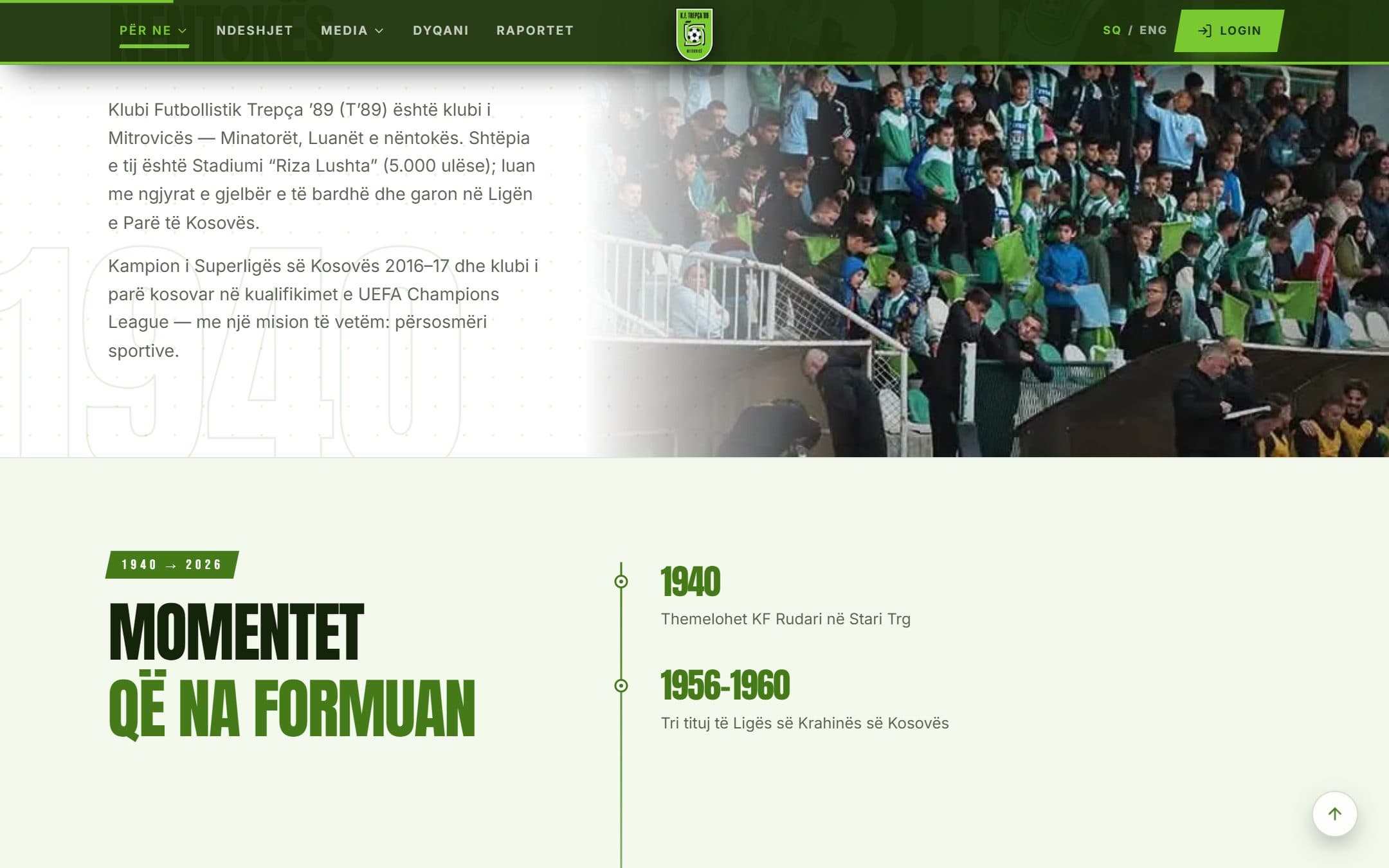 KF Trepça ’89 club history page with the supporters in the stand and the timeline from 1940