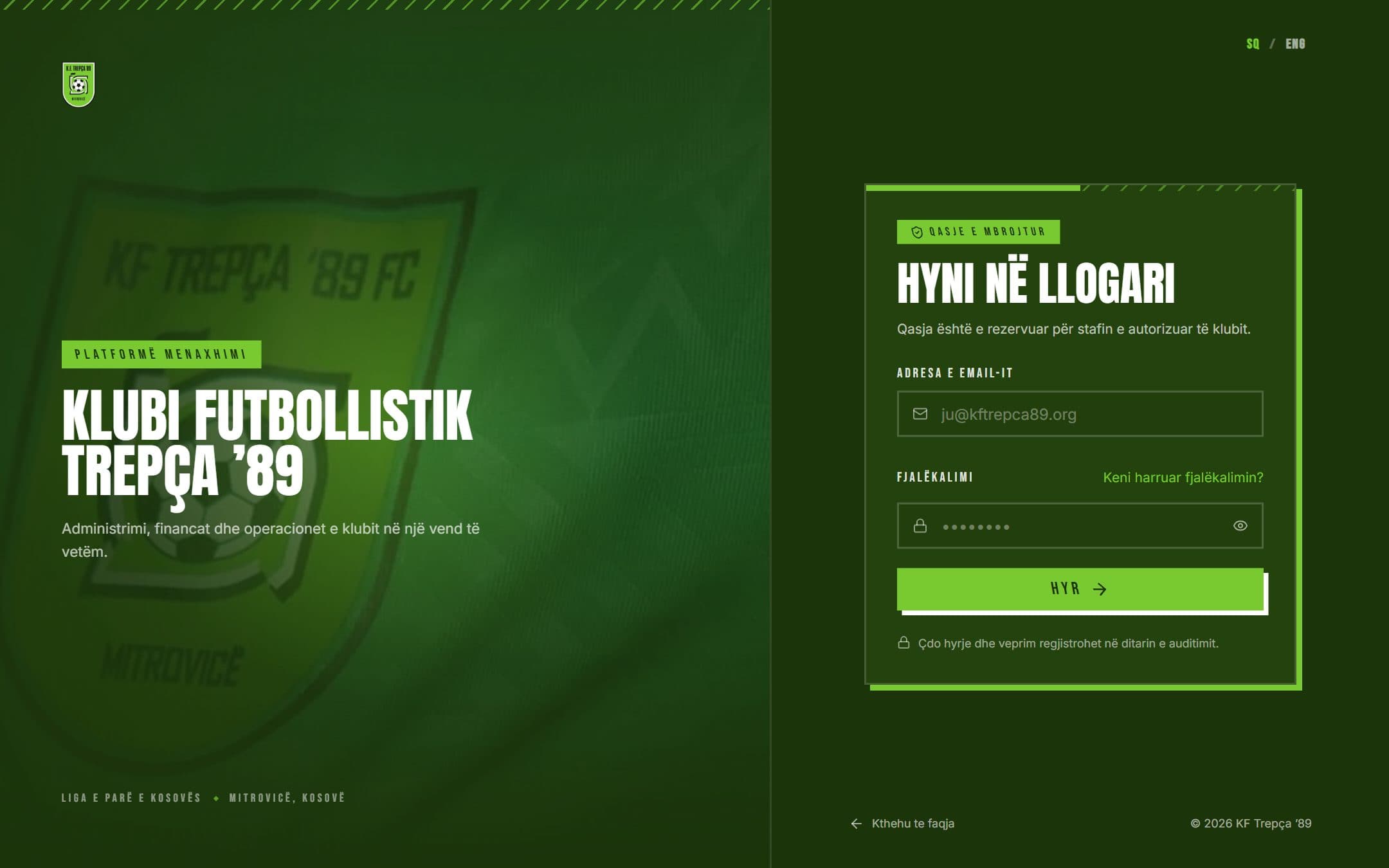 KF Trepça ’89 club management platform login screen with the audited access notice, the staff-only area behind the public site