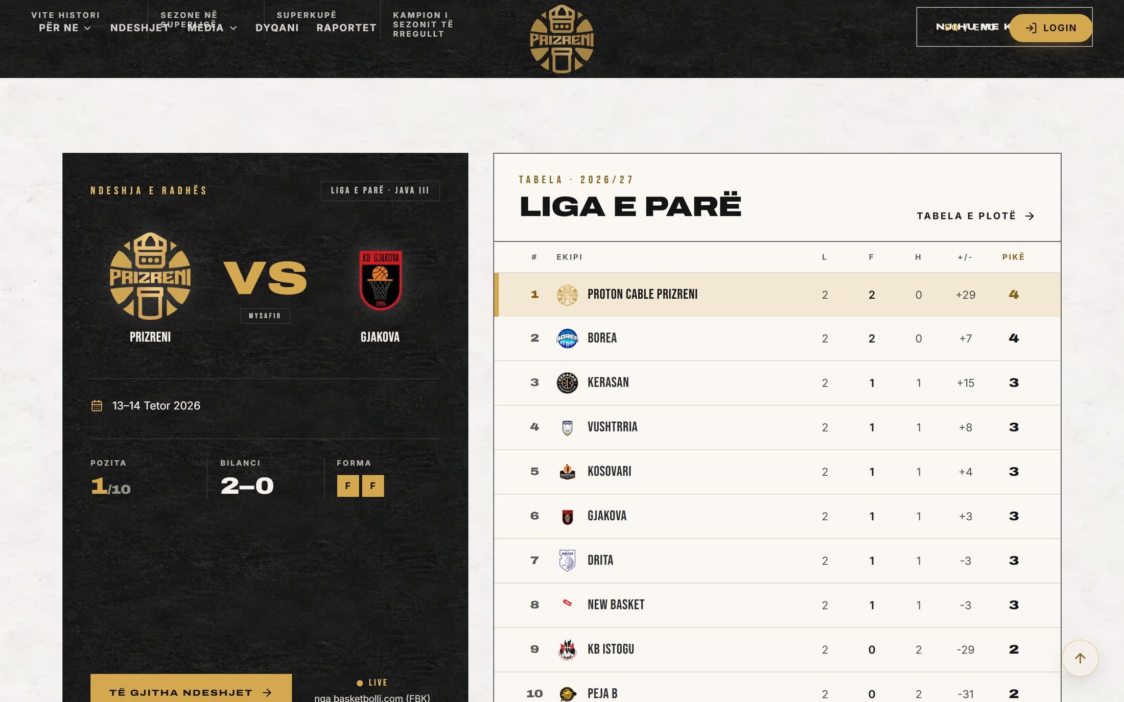 Proton Cable Prizreni next match card beside the live league table on the cream-and-gold home page